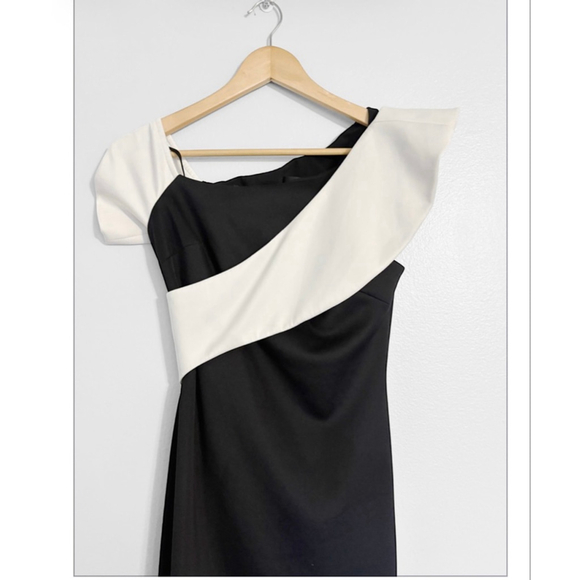 Badgley Mischka Size 6 One Shoulder Black & White Gown - Picture 3 of 13
